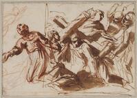 K 029
<br/>
Studieblad: geknielde geestelijke; Kruisdraging
<br/>
<em>Lanfranco, Giovanni (1582-1647)</em>